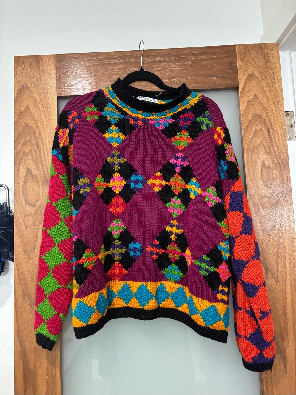 Vintage Multicolor Argyle Crewneck Sweater in Purple